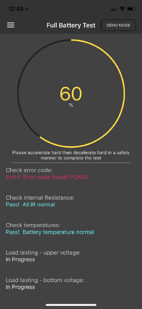 Dr. Prius / Dr. Hybrid - Full battery test screen in Dr. Prius app showing diagnostic results and error code P0A80.