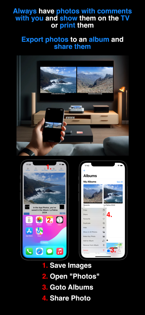 Instant Photo Note - Una persona sosteniendo un teléfono que muestra fotos con subtítulos reflejadas en una pantalla de TV grande con pasos para exportar y compartir álbumes.