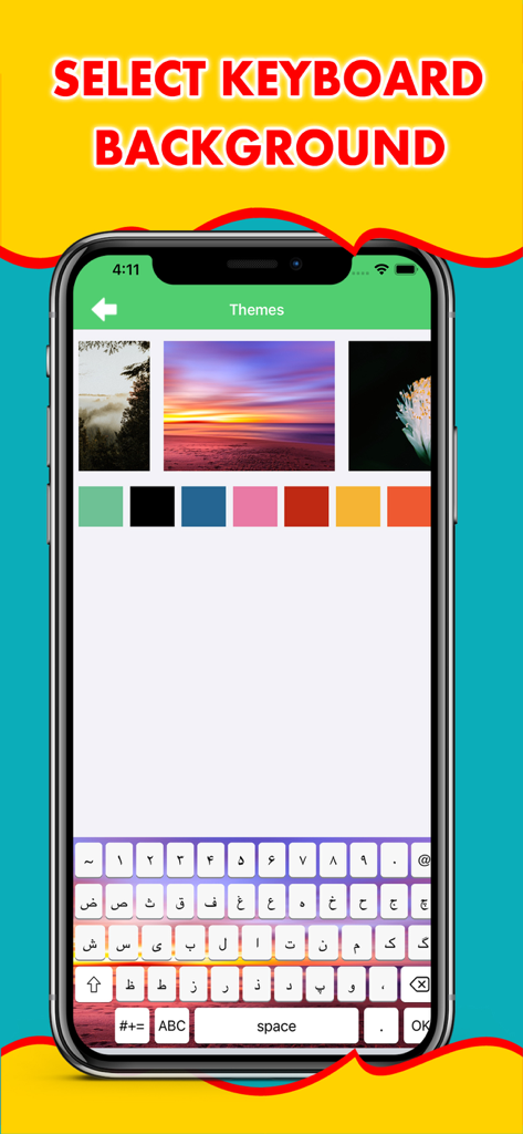 Persian Keyboard - Type Farsi - Ein Bildschirm, der verschiedene Hintergrundthemen und Farben für ein persisches Farsi-Tastaturlayout auf einem iPhone zeigt.