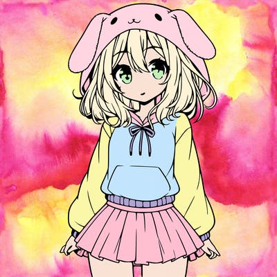 pretty anime girl wearing a fluffy hoodie with bunny ears on the hood and a skirt