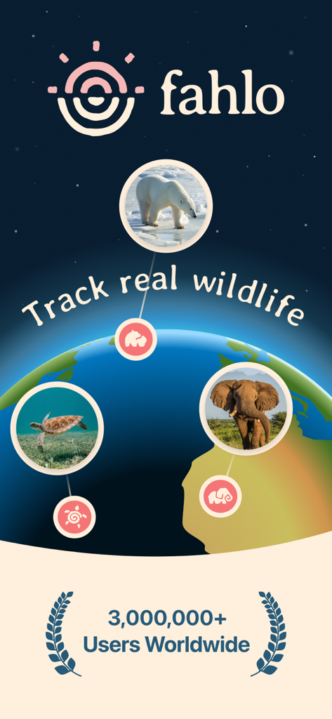 Fahlo Animal Tracker - Fahlo 앱 인터페이스는 북극곰, 바다거북, 코끼리에 대한 대화형 야생 동물 추적을 보여줍니다.