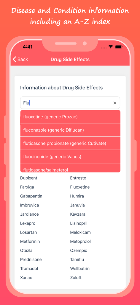 Pill Identification - Pro - A mobile interface for the Pill Identification Pro app showing a search tool and A to Z index for drug side effects and medical conditions.