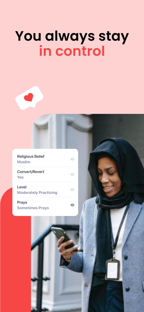 A Muslim woman using the Joon app with a profile overlay showing religious belief and prayer frequency details