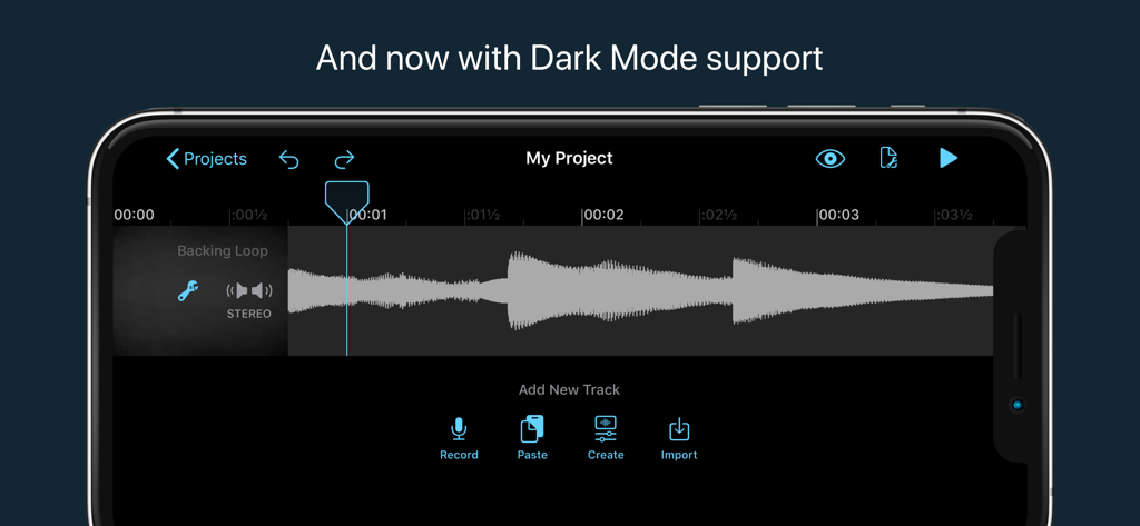 Hokusai Audio Editor - Interface multitrilha do Hokusai Audio Editor em modo escuro apresentando uma forma de onda de áudio e opções de gerenciamento de trilhas no iPhone