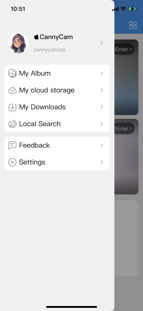 Canny Cam - Canny Cam app user profile menu displaying options for cloud storage, photo album, downloads, and settings