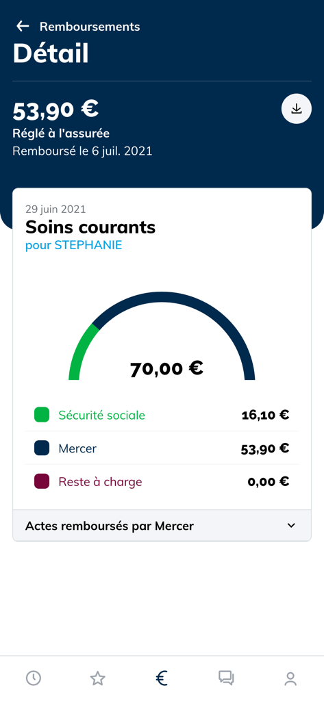 Detailed breakdown of a medical reimbursement in the Mercer ma santé mobile app showing cost distribution and payment status.