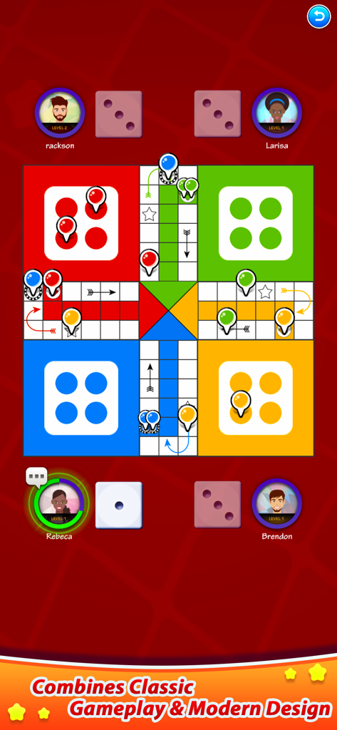 A four-player Ludo game interface showing colorful pawns on a classic board with player avatars and dice