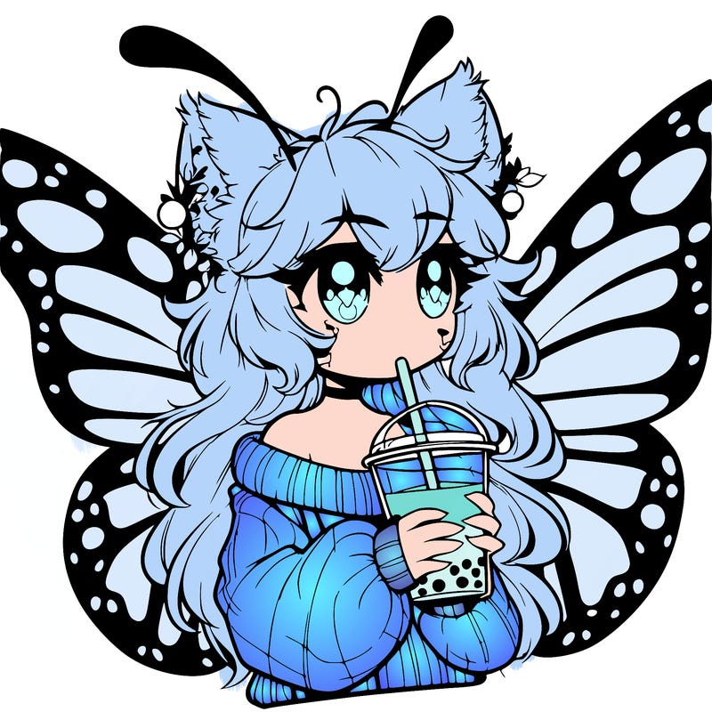 a realistic butterfly/furry girl drinking boba