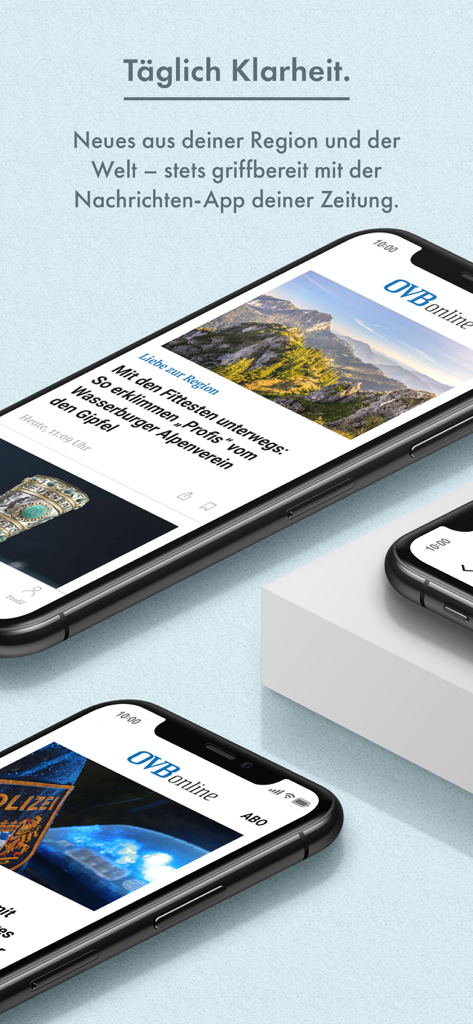 OVB online - Drei iPhones, die die OVB online Nachrichten-App mit Artikeln über die bayerische Region zeigen