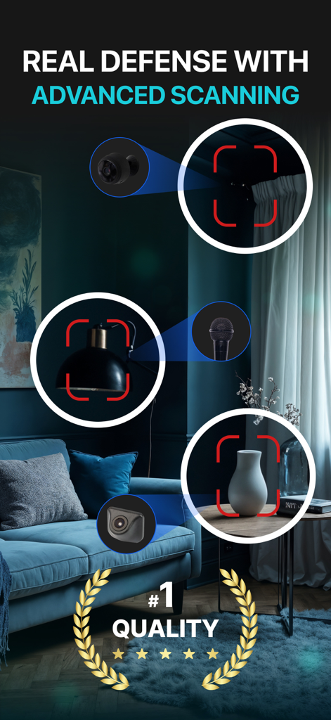 Mobile app interface showing a room being scanned for hidden cameras and microphones in household objects.