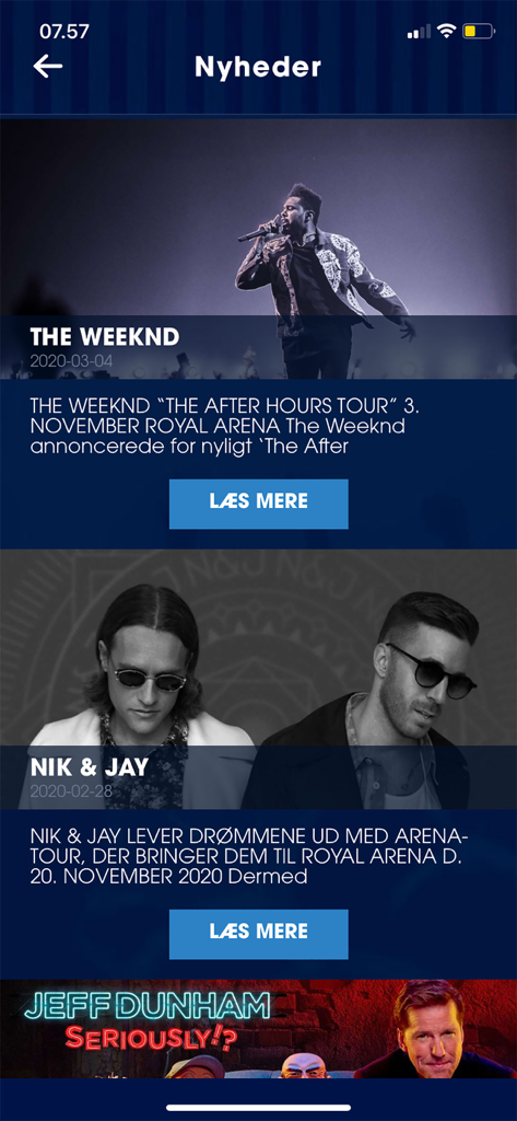 Royal Arena mobile app news feed showing upcoming concert announcements for The Weeknd and Nik and Jay