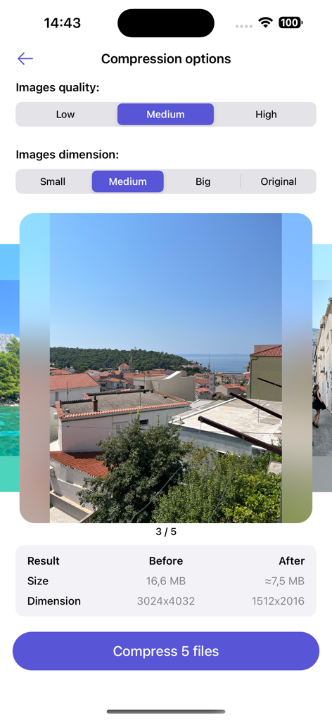 Resize it - compress any image - Interfaccia dell'app Resize it che mostra le impostazioni di qualità e dimensioni delle immagini per la compressione di più foto.
