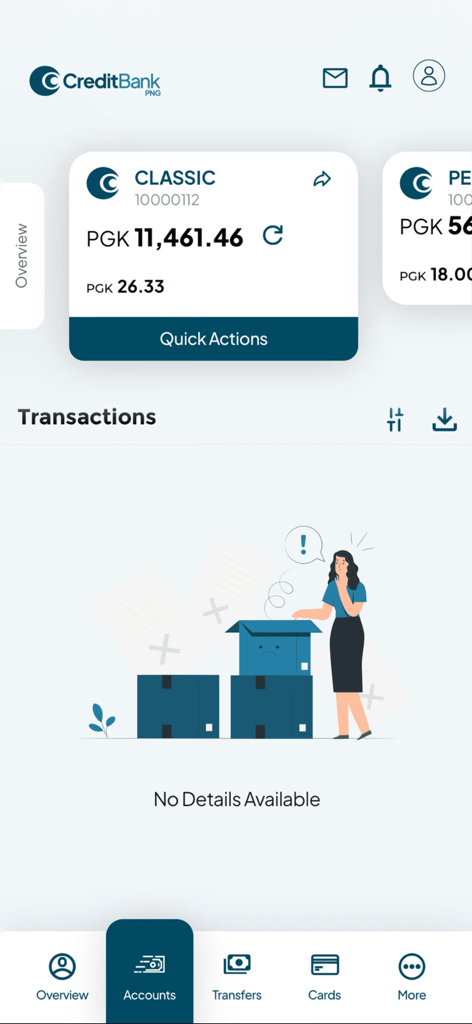 CBP - Aperçu du compte de l'application bancaire mobile CBP affichant le solde en PGK