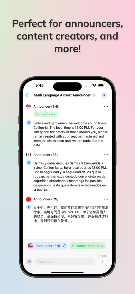 VoiceStudio AI - VoiceStudio AI smartphone screen displaying a multilingual text to speech script for an airport announcer in English Spanish and Chinese