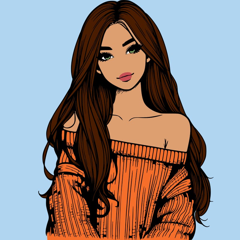 realistic girl with long hair wearing an off the shoulder sweater