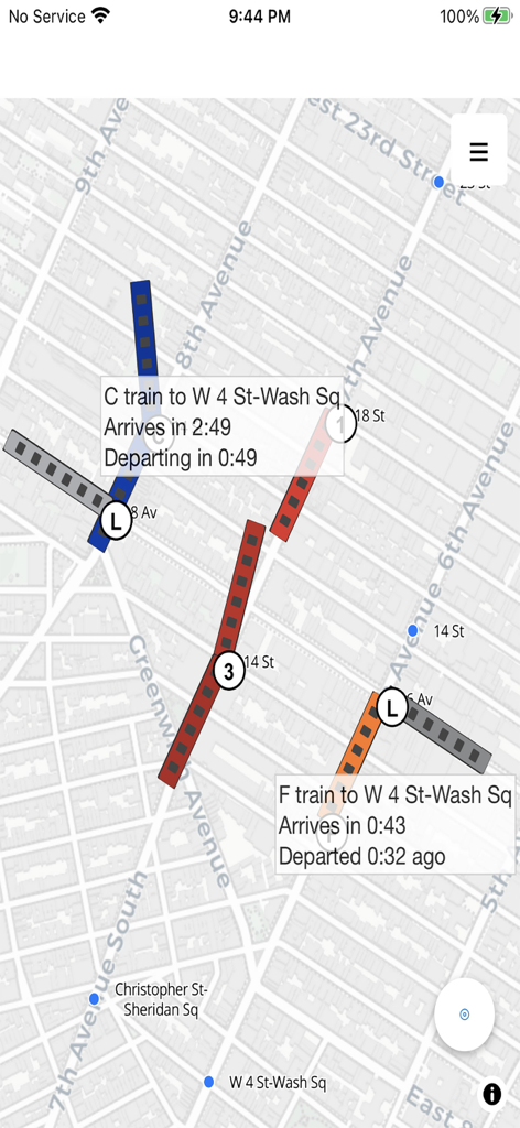 NYC live subway map - Interface of the NYC live subway map app showing real time train tracking and arrival times on a street map