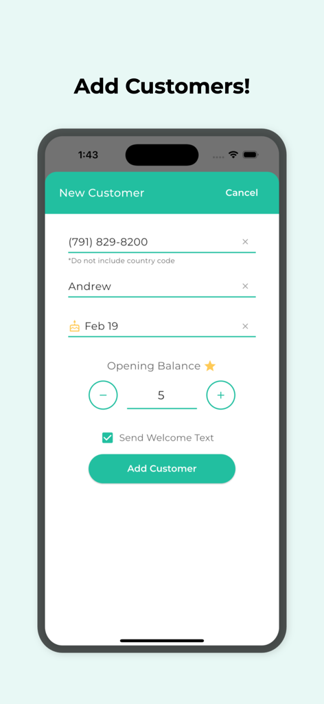 Snap Loyalty App-Oberfläche, die ein Formular zum Hinzufügen eines neuen Kunden mit Feldern für Telefonnummer, Name und Geburtstag anzeigt