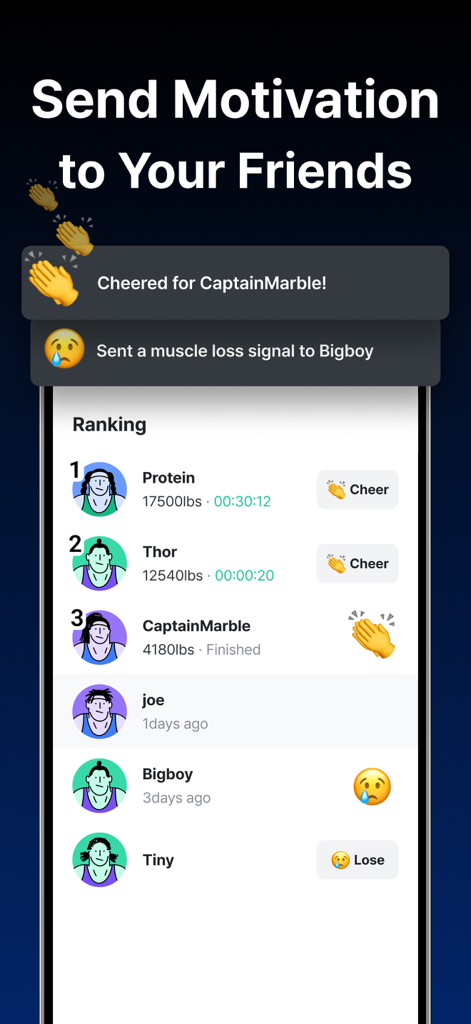 Gymwork: Workout Tracker Log - Tabla de clasificación de la aplicación Gymwork que muestra clasificaciones de amigos y funciones de motivación social como el ánimo.