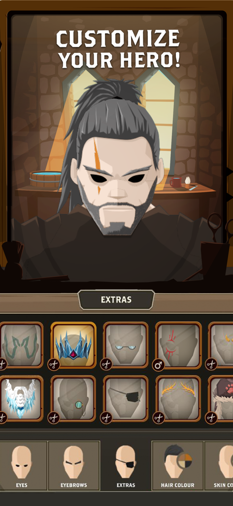 Questland: Turn Based RPG - Hero customization screen in Questland showing various accessories and features for a male character