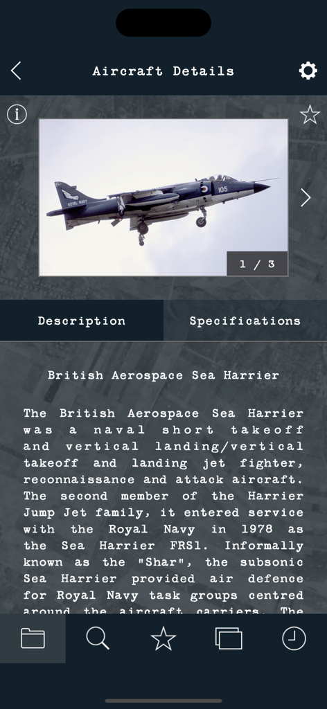 Cold War Military Aircraft - A detailed description and photo of a British Aerospace Sea Harrier jet in the Cold War Military Aircraft app