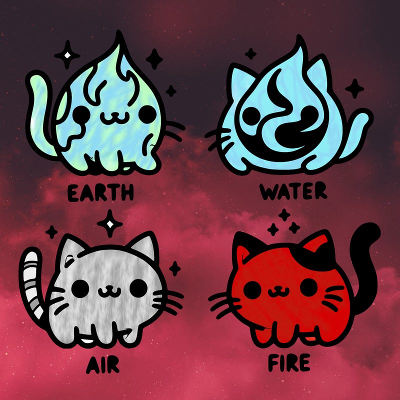 4 cats that represent the different elements, earth, water, air, and fire