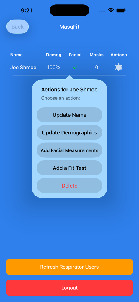 MasqFit - MasqFit 앱 화면, 안면 측정 및 착용 테스트를 포함한 사용자 데이터 관리를 위한 작업 메뉴 표시