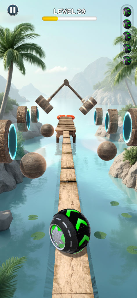 A 3D rolling ball navigating a wooden path over water with tropical palm trees and swinging hammer obstacles
