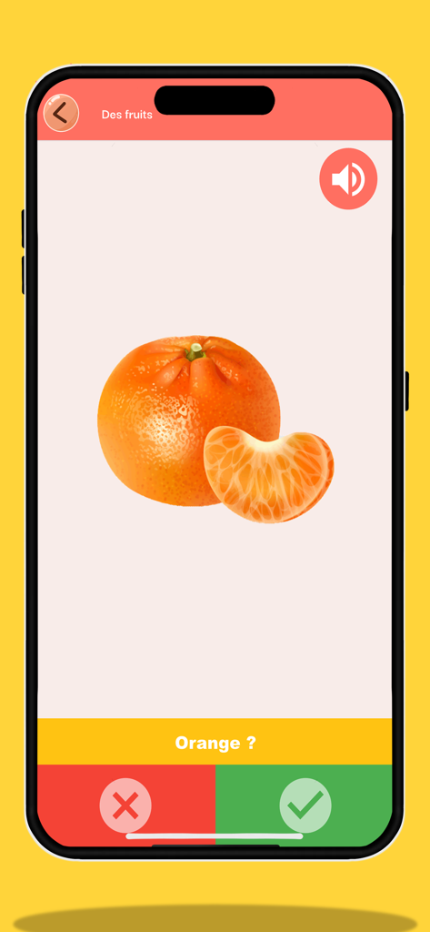 Una pantalla de aplicación de aprendizaje de idiomas francés que muestra una naranja con un cuestionario de vocabulario para niños.