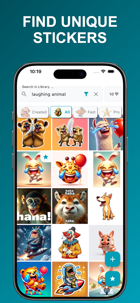 Sticker AI: Generate Anything - The Sticker AI app interface displaying a search for laughing animal stickers with a grid of unique generated results.