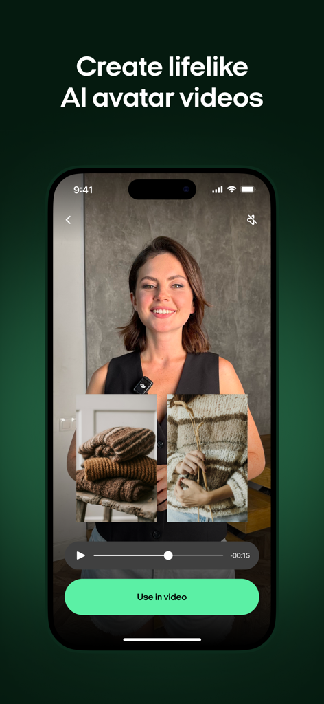 Mobile App-Oberfläche von Zeely, die die Erstellung eines lebensechten KI-Avatar-Videos für die Geschäftsreklame zeigt