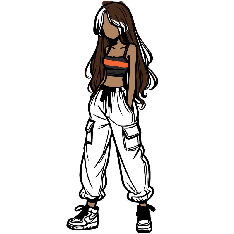 girl in baggy pants crop top and long hair