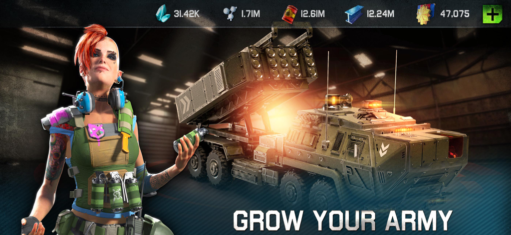 War Planet Online: MMO Battle - Female commander and military rocket launcher vehicle in War Planet Online MMO Battle