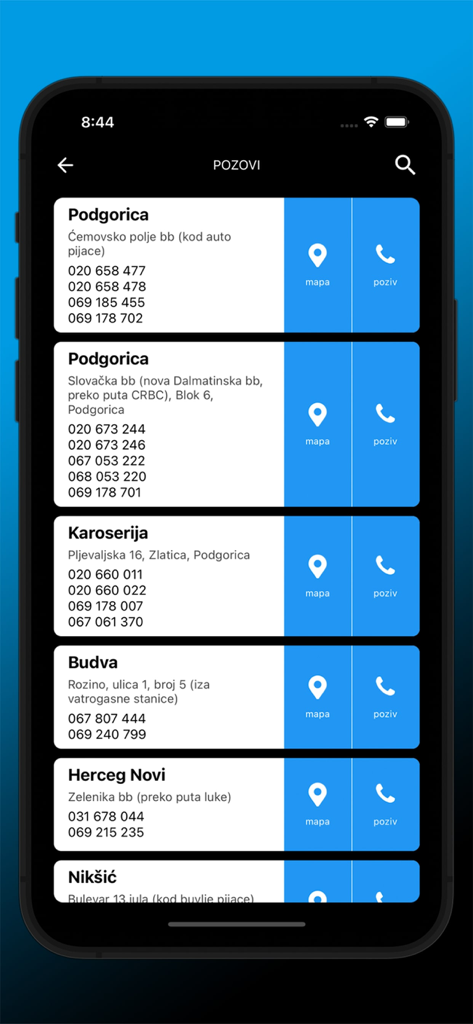 Pantalla de la aplicación móvil NextAuto mostrando una lista de ubicaciones de tiendas con direcciones e información de contacto