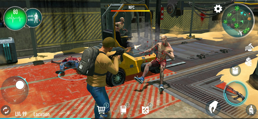 Survival Point: zombie island - Le joueur tire sur des zombies dans une zone industrielle dans Survival Point île aux zombies.