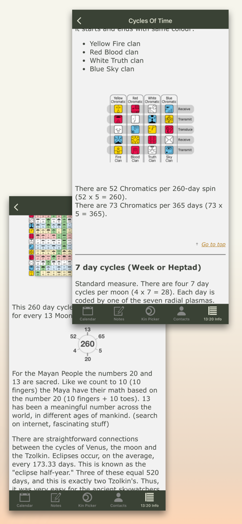 13:20:Sync - Two mobile screenshots of the 13:20:Sync app displaying educational text about Mayan calendar cycles, clans, and sacred numbers.