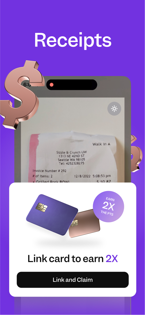 Pogo: Earn Cash & Rewards - Interface de smartphone mostrando um recibo sendo escaneado com uma mensagem promocional para vincular um cartão para recompensas em dobro.