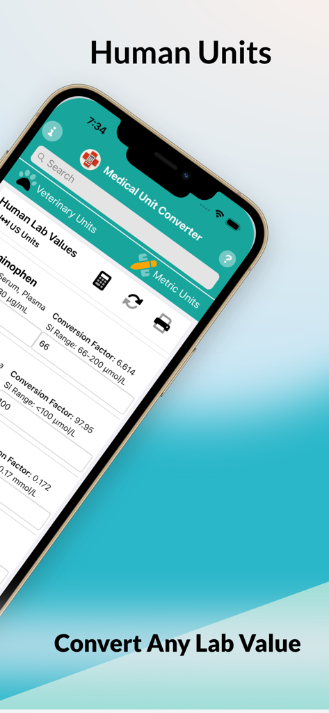 Interface de l'application Convertisseur d'Unités Médicales montrant les conversions des valeurs de laboratoire humaines entre les unités coutumières américaines et le SI