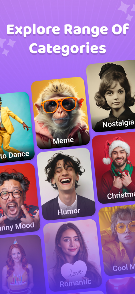 AI Face Talk : Photo Animator - Explore Range of Categories screen in AI Face Talk app showing Meme, Nostalgia, and Humor templates