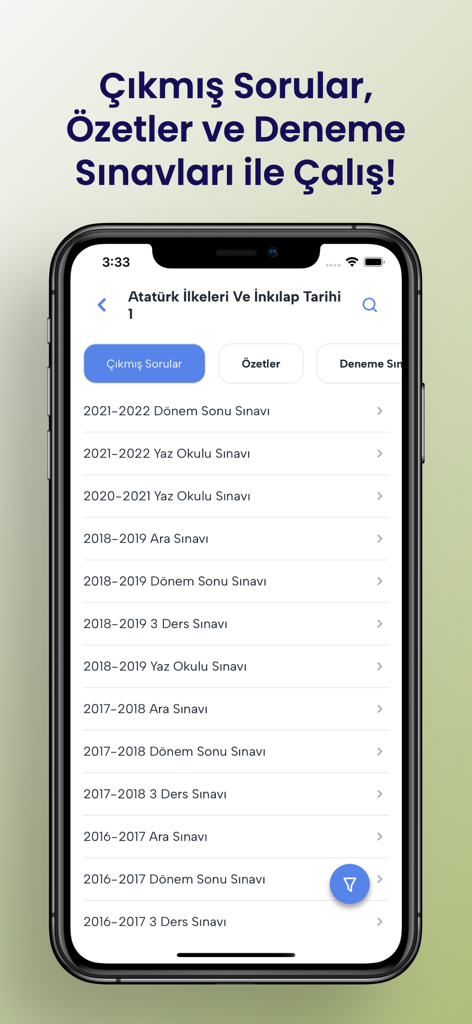 AÖF Soru - AÖF Soru mobile app interface showing previous years exam questions and study material list