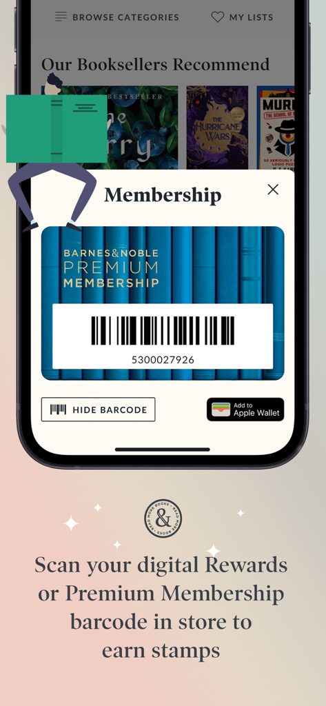 Barnes and Noble app digital membership card with a barcode for in-store scanning.