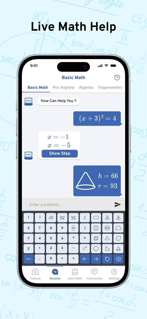 AI Math Scanner: Maths Solver - AI Math Scanner app interface showing a step-by-step solution for an algebra problem and a specialized math keyboard