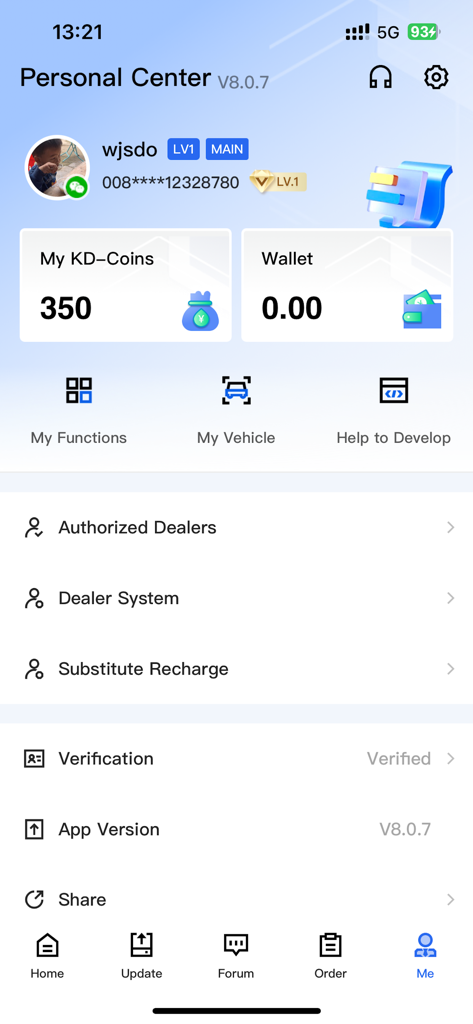 Mobile KD - Pantalla del centro personal de la aplicación Mobile KD que muestra el perfil de usuario, KD-Coins y la configuración de la cuenta