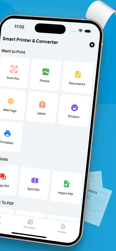 Interfaz de la aplicación Smart Printer and Scanner en un iPhone que muestra funciones como escaneo de documentos y gestión de PDF.