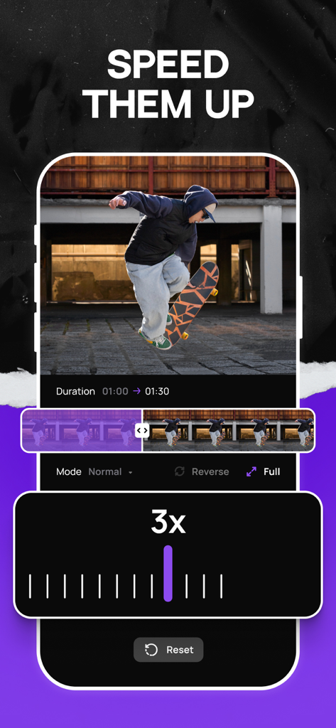 Slow Motion Video: Slowmo - Interface of the Slow Motion Video app showing a skateboarder video being edited with a 3x speed dial.