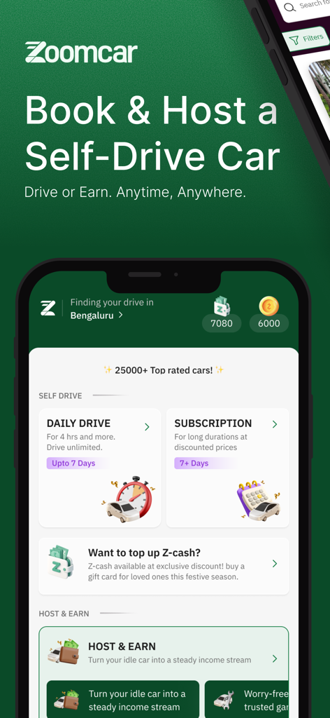 Pantalla de inicio de la aplicación Zoomcar mostrando funciones de alquiler y anfitrión de coches