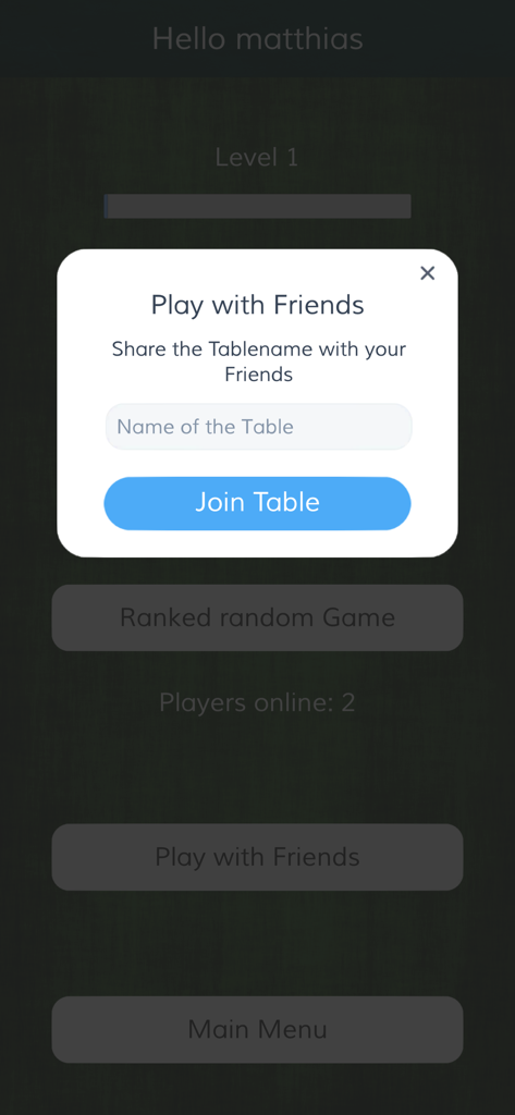 Tichu one - Tichu one mobile app interface showing the play with friends join table popup screen.