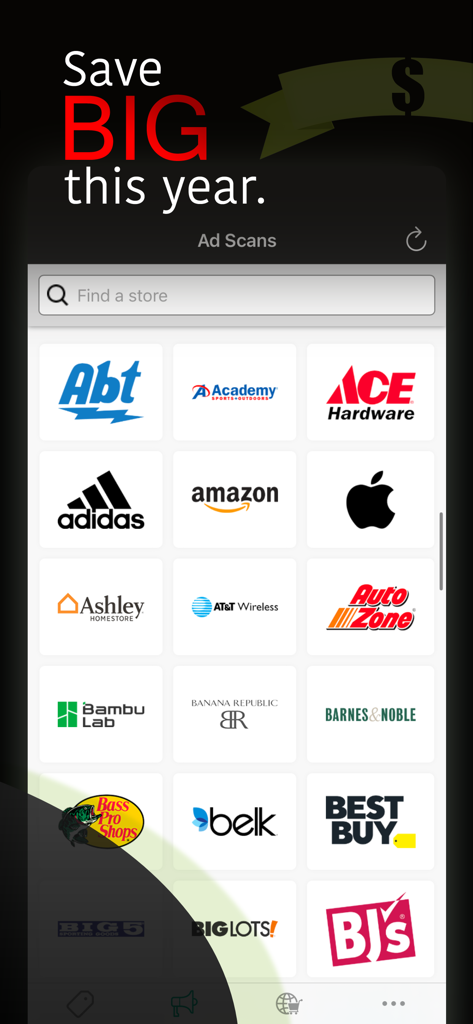 A mobile app interface displaying a grid of major retailer logos for Black Friday ad scans including Amazon Apple and Best Buy