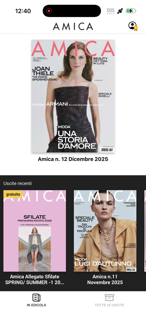 Amica Digital Edition - Amica Digital Edition app home screen displaying recent Italian fashion magazine issues