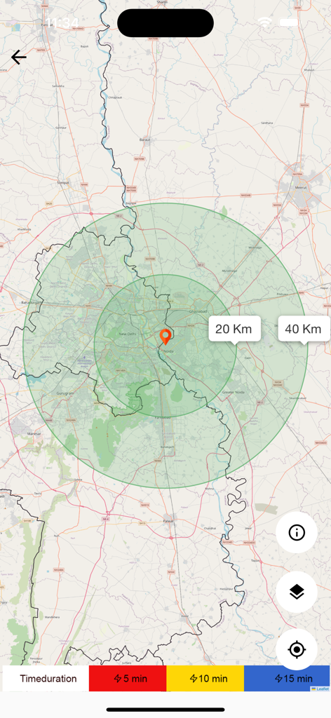 Mausam - Pantalla de la aplicación Mausam que muestra un mapa de radar meteorológico con círculos de distancia y una leyenda de duración del tiempo