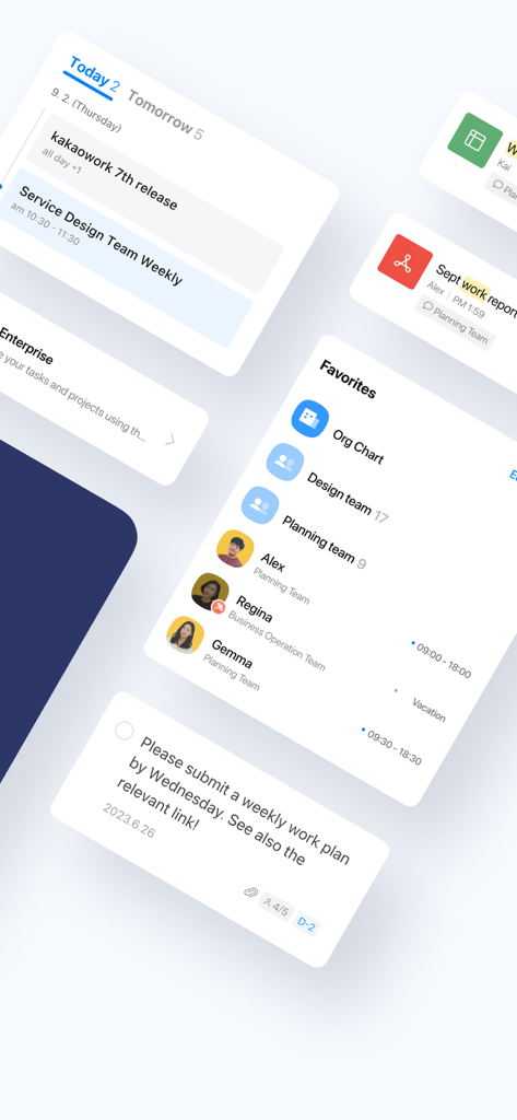 카카오워크 Kakao Work - Interfaz de la aplicación Kakao Work que muestra el calendario, el estado de los miembros del equipo y las listas de tareas.